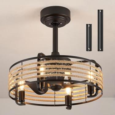 Imagem de Ventiladores de teto de vime com corda de cânhamo de 17,7" com luzes, 6 velocidades reversíveis e controle remoto, ventilador de teto enjaulado com luz E14 X 4 lâmpadas Ventilador de teto te