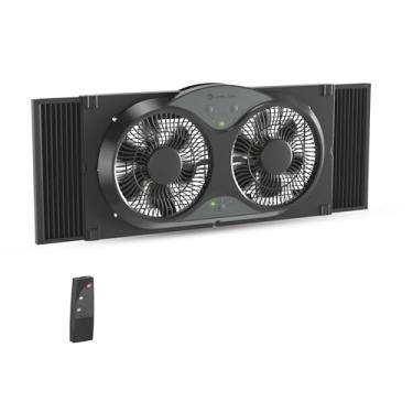 Imagem de Comfort Zone Ventilador de janela para quarto, ventiladores duplos de 23 velocidades com expansores de travamento automático, 3 modos (fresco, circular, exaustão), controle remoto, capa de tecido e