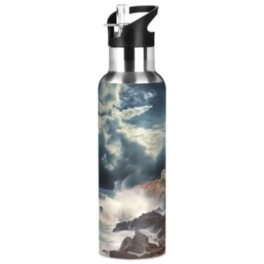 Imagem de Burbuja Garrafa de água de aço inoxidável Lighthouse in Storm, garrafas de água isoladas a vácuo com tampa de canudo para esportes, academia, escola - à prova de vazamento e suor, sem BPA, 946 ml