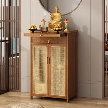 Imagem de Mesa de altar budista de bambu com armazenamento, armário de meditação simples, nicho de santuário chinês, design de porta de vime, marrom, 42 x 38 x 101 cm - perfeito para prática espiritual