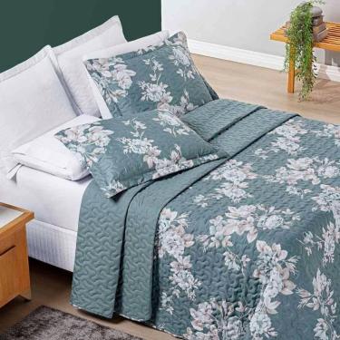 Imagem de Kit Cobre Leito Colcha Celi King Dupla Face Micropercal 200 Fios 3 Peças - Verde Floral