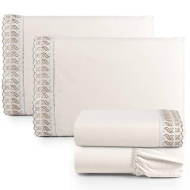 Imagem de Jogo Cama Lençol Paris Casal Padrão Percal 180 Fios 100% Algodão Lese Bordada 4 Peças - Palha