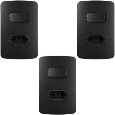 Imagem de 3 CONJUNTO TOMADA E INTERRUPTOR SIMPLES 10a MARGIRIUS LINHA B3 PRETO