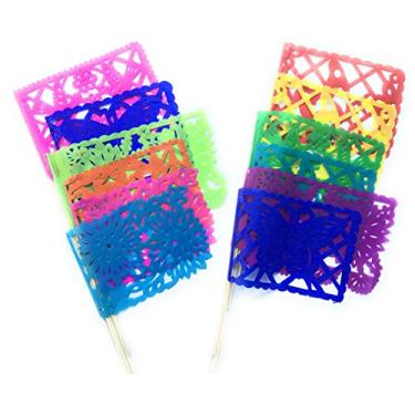 Imagem de Conjunto de 12 peças de bandeiras de papel de seda mexicanas multicoloridas, papel picado banderitas, pacote de 12 banderinas decorações de festa pacote com 12 para decoração de festa de aniversário