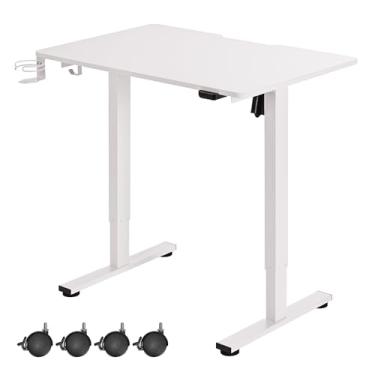 Imagem de yaaqoo Mesa pequena de pé com rodas, mesa elétrica ajustável de 89 cm x 61 cm, mesa de trabalho com suporte para copos, gancho, moldura branca e tampo de mesa