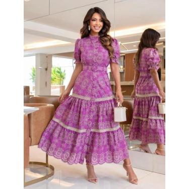 Imagem de Vestido Maxi Midi Festa Gola Alta Convidada Casamento Formatura Manga 