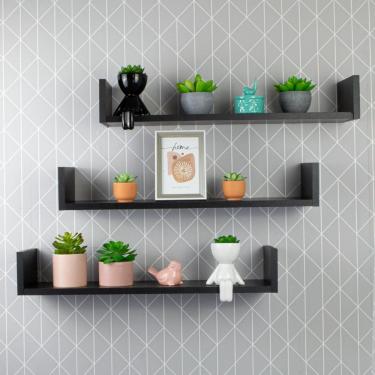 Imagem de Kit 3 Prateleiras Nichos Em U 60x15 Mdf Preto Com Suporte Flutuante Invisível