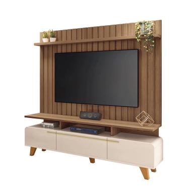 Imagem de Bancada de Tv Toledo até 70 Polegadas Com Painel Ripado Off White-Castanho EdeCasaMoveis