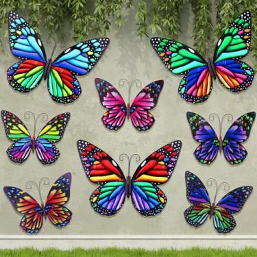 Imagem de Otoolling 8 peças de decoração de parede borboleta de metal 25 cm borboletas coloridas 3D decorações de arte penduradas para jardim quintal cerca sala de estar quarto pátio exterior interior escultura