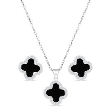 Imagem de Conjunto de brincos de colar de trevo de cristal de quatro folhas para mulheres | Pulseira de zircônia cúbica banhada a ouro 18K | Pingente da sorte de 4 folhas e brincos | Presente de joia para ela