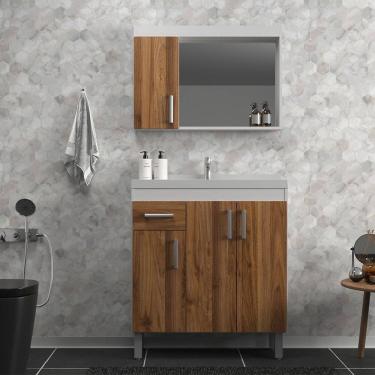 Imagem de Gabinete de Banheiro 80cm com Cuba e Espelheira Branco/Amêndoa