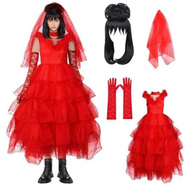 Imagem de Xinxiaomeng Fantasia feminina Lydia Deetz vestido de noiva vermelho vestido de noiva besouro fantasia de Halloween roupas para adultos