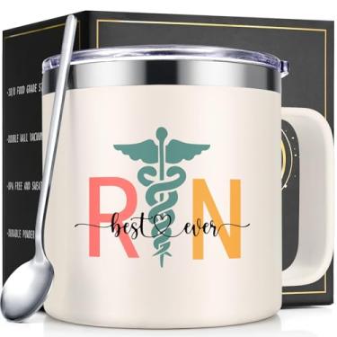 Imagem de Lifecapido RN Gifts for Nurses, RN Best Ever Caneca de café com isolamento térmico de 400 ml com colher, presentes de enfermeira registrada, presente de aniversário e Natal para mulheres, cremoso