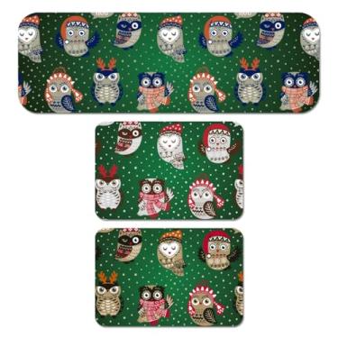 Imagem de Tapete de Cozinha Kit 3 peças Passadeira 95 X 34 cm, e dois tapetes 34 X 60 cm (Corujinhas Natal Verde)