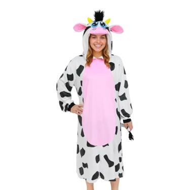 Imagem de ROC PARTY Moletom com capuz de animal com orelhas vestido de fantasia para mulheres e homens - Roupa de cosplay de Halloween com capuz, cauda e bolsos (vaca, G)