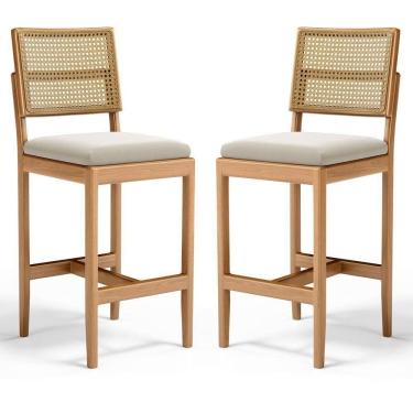 Imagem de Kit Com 2 Banqueta Milena Madeira Maciça Assento Estofado Encosto De Tela Palha Sextavada Veludo Bege 102