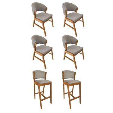 Imagem de Kit 4 Cadeiras De Jantar Debora Madeira Maciça Com 2 Banquetas Ana Cerejeira Premium Linho Bege