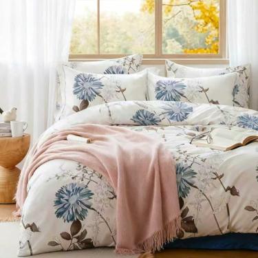 Imagem de OIKETI Conjunto de cama com edredom botânico, tamanho Queen, 100% algodão, ramos marrons e flores azuis, off-white, leve e macio, 3 peças (1 edredom e 2 fronhas)