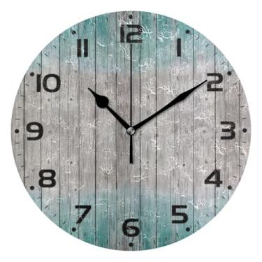 Imagem de JUZIHAI Relógio de parede de madeira cinza azul-petróleo silencioso, sem tique-taque, relógios de parede redondos operados por bateria, fácil de ler, relógio decorativo de parede para casa, cozinha