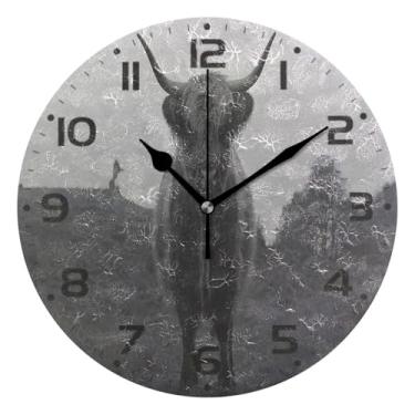 Imagem de JUZIHAI Relógio de parede Highland Cow, silencioso, redondo, sem tique-taque, operado por bateria, fácil de ler, relógio decorativo de parede para casa, cozinha, sala de estar, quarto, escritório, 25