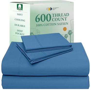 Imagem de California Design Den Conjunto de lençóis de cama 100% algodão natural - cetim luxuoso de 600 fios, lençóis de resfriamento de qualidade de hotel, bolsos profundos totalmente elásticos, nítidos e