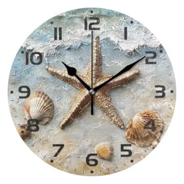 Imagem de JUZIHAI Relógio de parede com concha costeira, estrela-do-mar, silencioso, sem tique-taque, redondo, operado por bateria, fácil de ler, relógio decorativo de parede para casa, cozinha, sala de estar