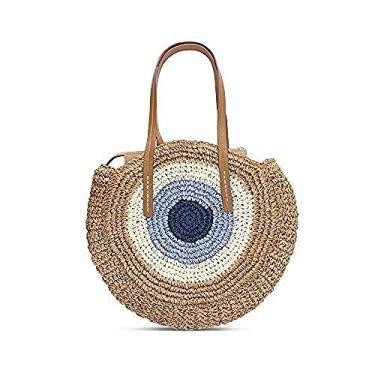 Imagem de Bolsa de palha redonda de tecido com zíper, bolsa transversal, bolsas de mão tecidas à mão, cáqui