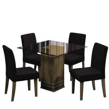 Imagem de Conjunto De Mesa Sala de Jantar Com Tampo De Vidro 1m Onix 4 Cadeiras Trieste Cedro / Chocolate Dobuê