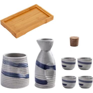 Imagem de Conjunto de saquê japonês garrafa de saquê de cerâmica copos e aquecedor de saquê para casa ou restaurante, 1 pote 4 copos 1 aquecedor 1 bandeja (pintura azul)