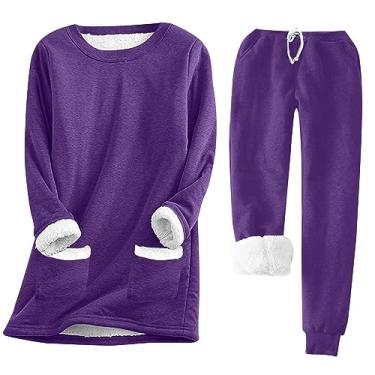 Imagem de Roupas femininas quentes, camisetas, calças, pijamas, conjuntos de pijama para mulheres, forrado com lã, combinando com lã, outono inverno 2024, B-875 Roxo, P