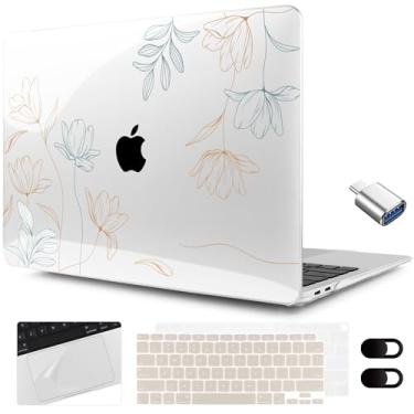 Imagem de MEEgoodo Capa para MacBook Air 13,3 polegadas 2021, 2020, 2019, 2018, A2337, M1, A2179, A1932, capa transparente para MacBook Air M1, capa dura com teclado e película para trackpad e adaptador tipo C, com gravação floral