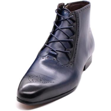 Imagem de Botas masculinas clássicas feitas à mão em couro legítimo de vaca bico fino sapatos formais com zíper lateral com cadarço, azul, 9,5 Reino Unido