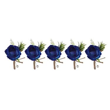 Imagem de 5 peças de alfinete de flor na lapela de casamento de rosa fixo, corpete de flor artificial de plástico, decoração de flores de banquete de baile de casamento artificial com (Blue)