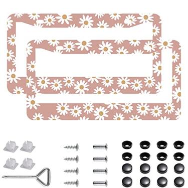 Imagem de 2 peças rosa divertido com margaridas suportes de capa de moldura de placa de licença margaridas de aço inoxidável com tampa de tampa de parafuso e conjunto de chave de fenda - 2 furos para meninas