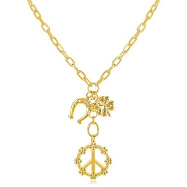 Imagem de Colar com pingente de sinal de paz para mulheres, banhado a ouro 14K, ferradura, trevo de quatro folhas, zircônia cúbica, pingente de sinal de paz, colar com símbolo, joia hippie boho, presente para