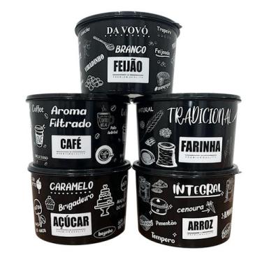 Imagem de Kit 5 Potes Porta Mantimento Alimento Herméticos Decorado - MB, Preto