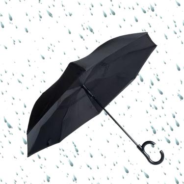 Imagem de Guarda Chuva Invertido Tecido Duplo Impermeável Preto 8 Varetas Automático