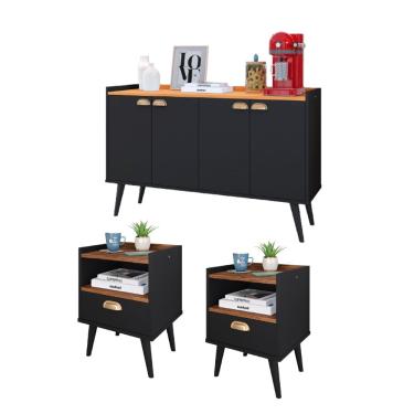 Imagem de Kit 2 Mesinhas Cabeceira Estilo Retrô Preto/Freijó 1 Gaveta Nicho Decorativo e Buffet Kiev Cantinho Café Preto/Cinamomo - rpm Móveis