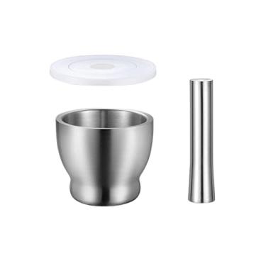 Imagem de Tigela Moedora Conjunto de pilão e almofariz de moagem de aço inoxidável 18/8 com tampa e base antiderrapante Melhor para cozinha utilizável Moedor Triturador(Pequeno)