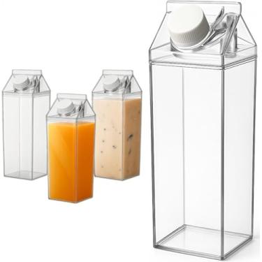Imagem de Garrafa em Acrílico Formato Caixa de Leite 500ml, Transparente, Tampa Rosqueável, Resistente, Para Leite, Sucos e Bebidas