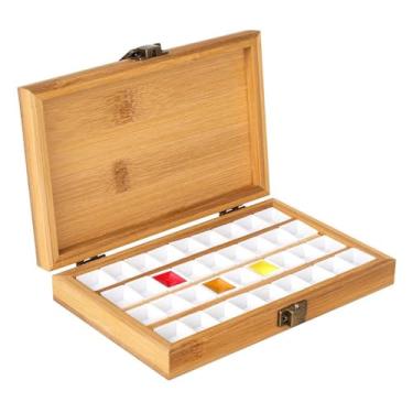 Imagem de Paleta de caderno de esboços portátil 36, caixa de paleta de cores de madeira com tampa, bandeja de aquarela para guache, tinta acrílica, caixa de paleta vazia multifuncional de nogueira para amantes