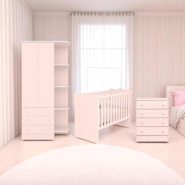 Imagem de Conjunto Infantil Doce Sonho Rosa Acetinado: Berço Doce Sonho + Kit Rodízios Cômoda Doce Sonho Guarda-Roupa Doce Sonho