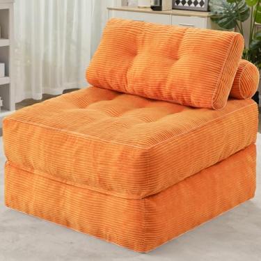 Imagem de HABUTWAY Sofá-cama dobrável, cama de cadeira conversível com travesseiro e alça dupla, sofá de chão dobrável com suporte traseiro para sala de estar, quarto, apartamento, escritório, laranja