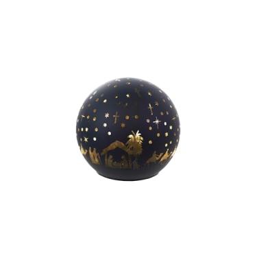 Imagem de Creative Co-Op Bola de vidro com luz LED e presépio gravado a laser, cor marinha fosca e acabamento dourado