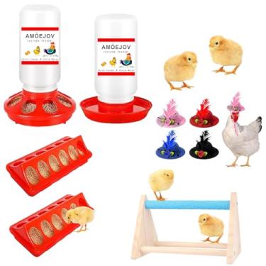 Imagem de Kit de alimentador e bebedouro de pintos, conjunto de alimentador automático de galinhas e bebedouro com poleiro e chapéus de galinha para galinha, para pintinhos, patos e codornas. Acessórios para