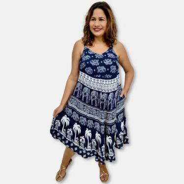 Imagem de Vestido Trapézio Indiano Alça com Bolso Estampa elefantes - Sarat Moda