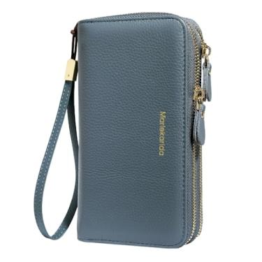 Imagem de Carteira feminina de couro RFID longa, capa de telefone com vários compartimentos de grande capacidade, fecho de zíper, alça de pulso removível, carteira portátil, Azul claro, Estilo elegante