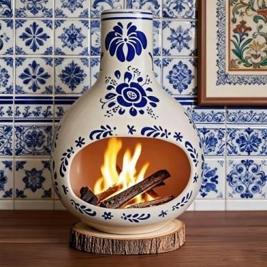 Imagem de Queimador Palo Santo de cerâmica azul e branco feito à mão com tapete de madeira - Suporte de incenso de 19 cm para sálvia, palitos e rituais - Presente de meditação zen para cabanas, ioga e decoração