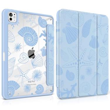 Imagem de Loyrina Capa para iPad Pro de 11 polegadas (M4) versão 2024, fina, leve, fofa, azul claro, com suporte de lápis com borda de TPU transparente, suporte de três dobras, estrela-do-mar e conchas