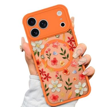 Imagem de AIGOMARA Capa magnética feita para iPhone 17 Pro [compatível com MagSafe] linda flor laranja azul padrão floral TPU macio amortecedor rígido PC traseiro antiqueda à prova de choque capa fina